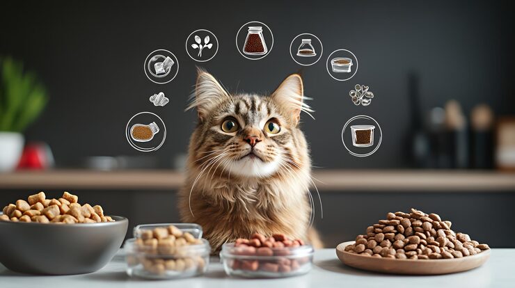 cute tabby cat sits front multiple bowls dry cat food looking up icons different types cat food 1371855 1613