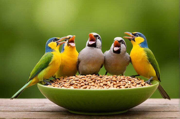 five colorful birds gather around bowl birdseed their beaks open anticipation 1353972 1524