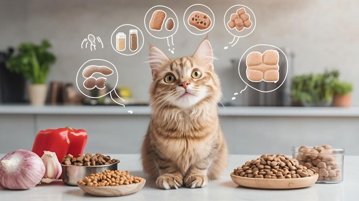 ginger cat sitting front different cat foods with thought bubbles its head including images different types cat food 1372797 2199 2