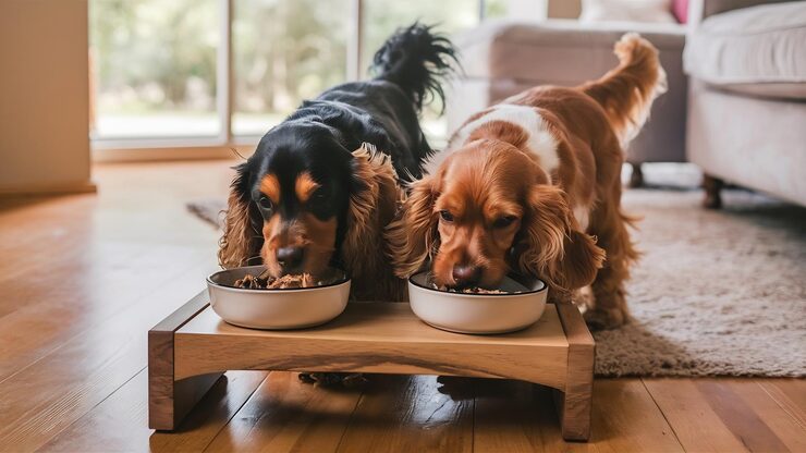 pair english cocker spaniel dogs eating from bowls light room home 926199 2239772