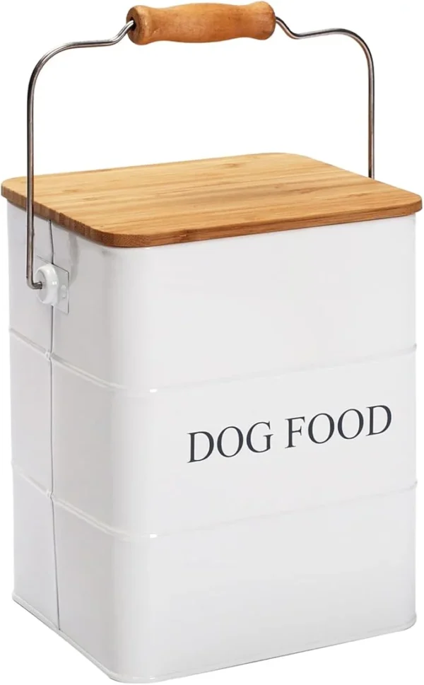 Dog Food storage container Dog Treats Jar, Metal food treats tin for Dog, pet snacks Canisters with wooden lid/handle/sevice scoop,hold 5-6 lbs