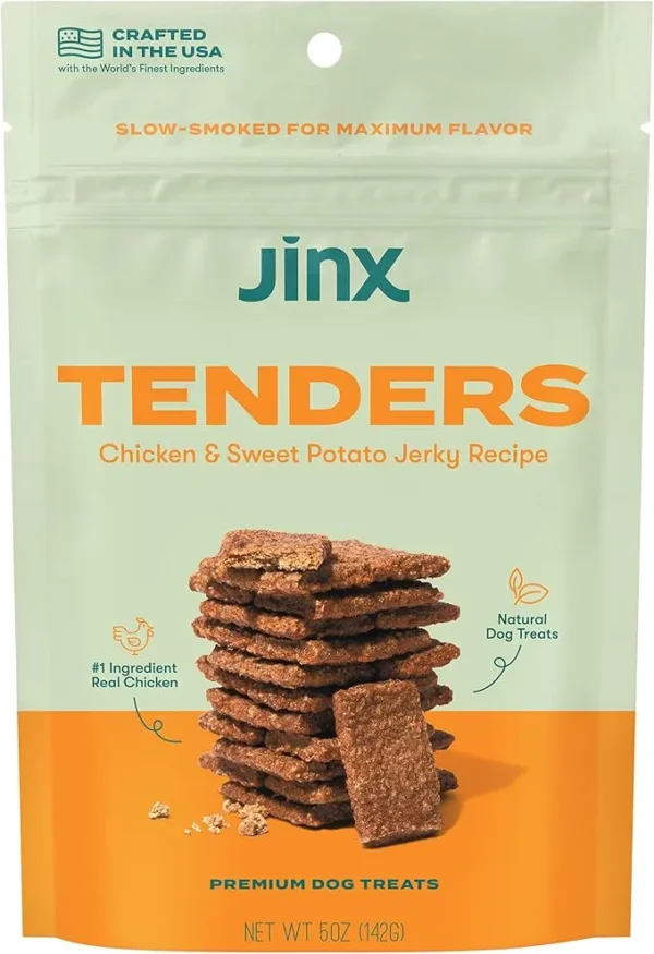 Jinx Tenders Chicken Jerky Dog Treats, All Natural Ingredients, Soft & Chewy, Low-Calorie, Slow-Smoked Chicken & Sweet Potato, No Fillers, 5oz