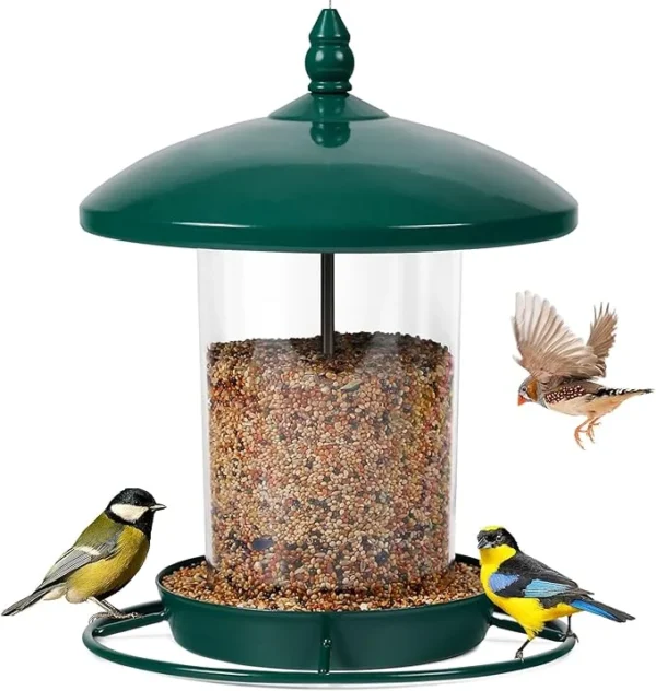 Metal Bird Feeder for Outdoors Hanging,3.0LB Seed Feeder,Easy to Fill & Clean,360° Feeding,Weatherproof Roof for Gardens and Wild Birds,Green