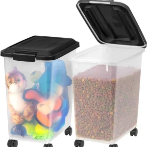 IRIS USA Dog Food Storage Container, 2 Pack, Up to 30 lbs Each, Airtight Seal for Freshness, Wheels for Rolling, Easy One Hand Opening, Made in USA, BPA Free, Clear/Black