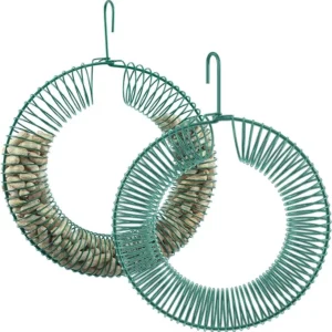 Gtongoko 2 Pack Peanut Wreath Bird Feeder, Rust & Waterproof, Solid Steel Durable Whole Peanut Wild Bird Feeder with Hanging Hook, Outdoor, Green, 11 x 15.4 inch