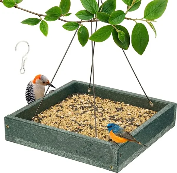 Kingsyard Platform Bird Feeder for Outside, Recycled Plastic Hanging Tray Bird Feeders with Large Capacity 3.5 lbs, Premium Quality & Durable, Great for Attracting Wild Birds, Green