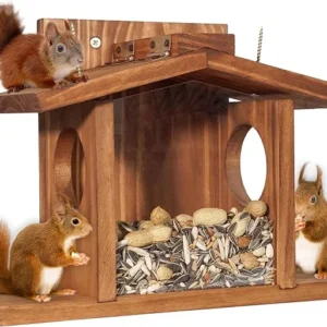 MIXUMON Wood Squirrel Feeder, Squirrel Feeders for Outside Winter, Wooden Chipmunk Feeder for Corn, Peanuts, Durable Box Easy to Fill with Removable Front Panel (Style 2)