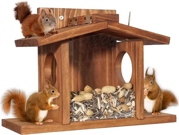 MIXUMON Wood Squirrel Feeder, Squirrel Feeders for Outside Winter, Wooden Chipmunk Feeder for Corn, Peanuts, Durable Box Easy to Fill with Removable Front Panel (Style 2)