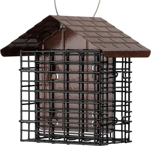 More Birds Double Suet Cage Bird Feeder with Metal Roof, Fruit and Suet Feeder, 2 Suet Cake Capacity