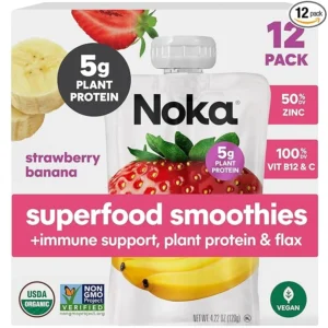 Noka Superfood Fruit Smoothie Pouches, Strawberry Banana with Immune Support, Healthy Snacks with Elderberry, Flax Seed, Plant Protein, and Prebiotic Fiber, Gluten Free and Vegan, 4.22 oz, 12 Count