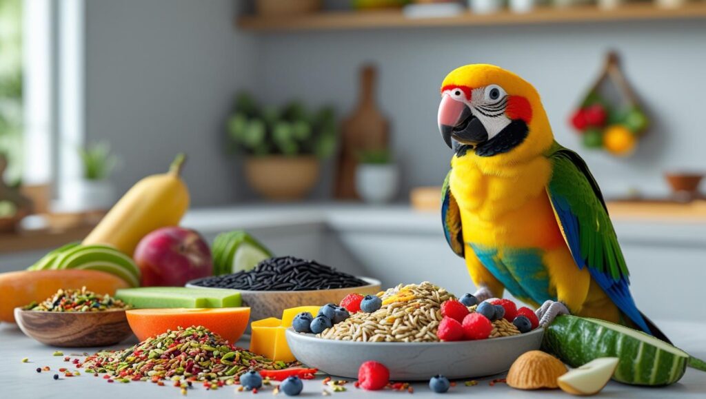 parrot with different healthy foods