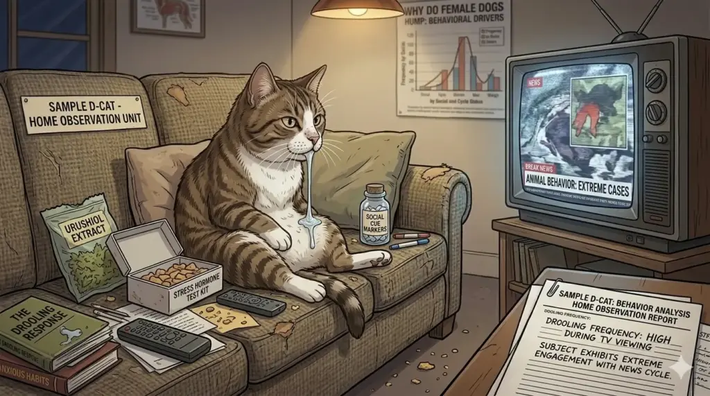 this is what drooling is create image now in the above style like you created before but with the drooling cat 