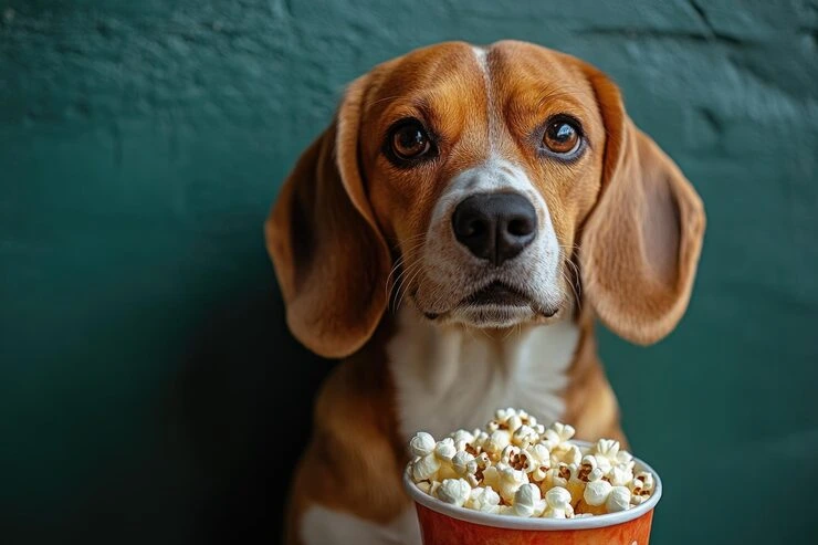 adorable beagle enjoys popcorn cola by vibrant green wall 209190 269792